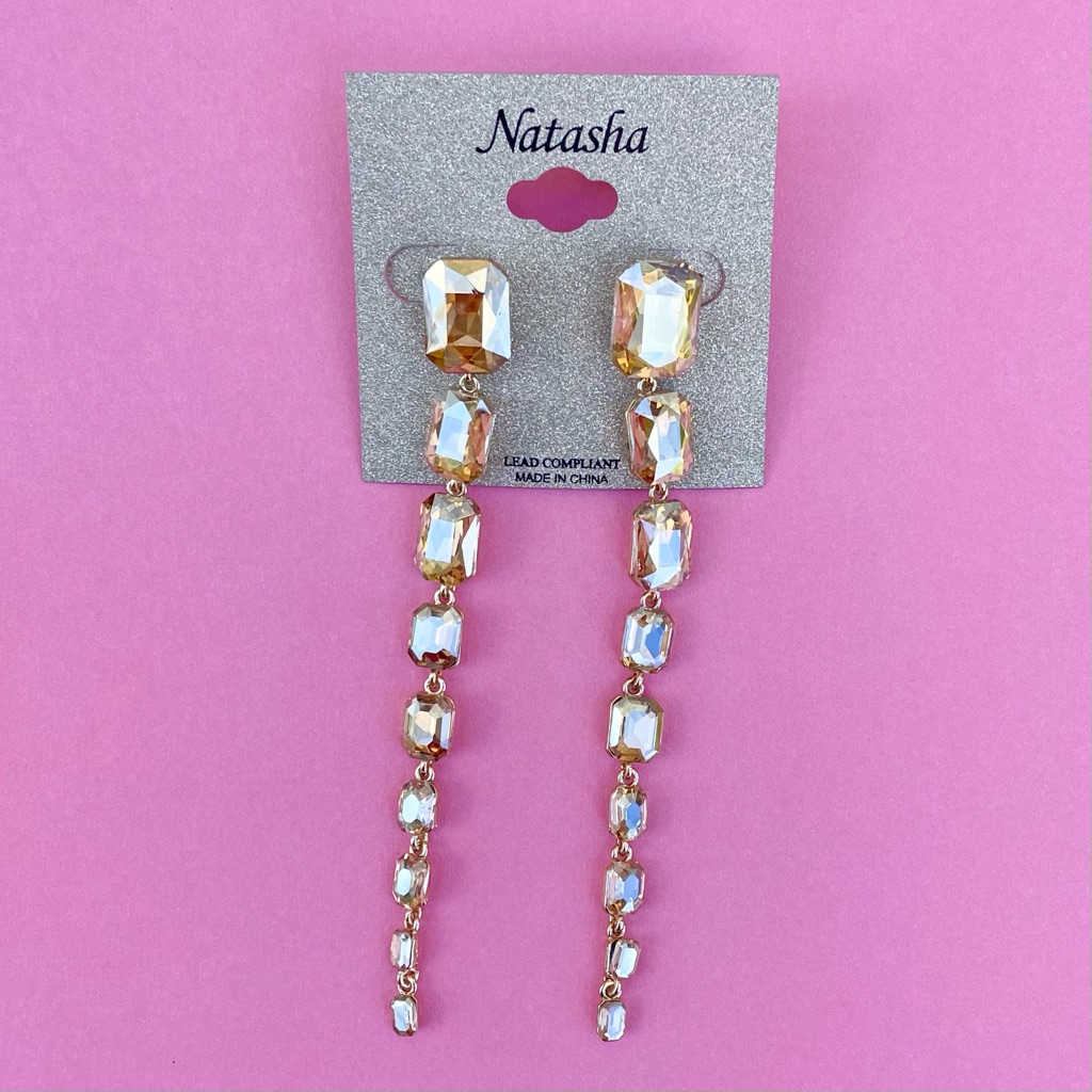Nwt Natasha Clear Gold Rhinestone Long Statement Earrings 5 68$
